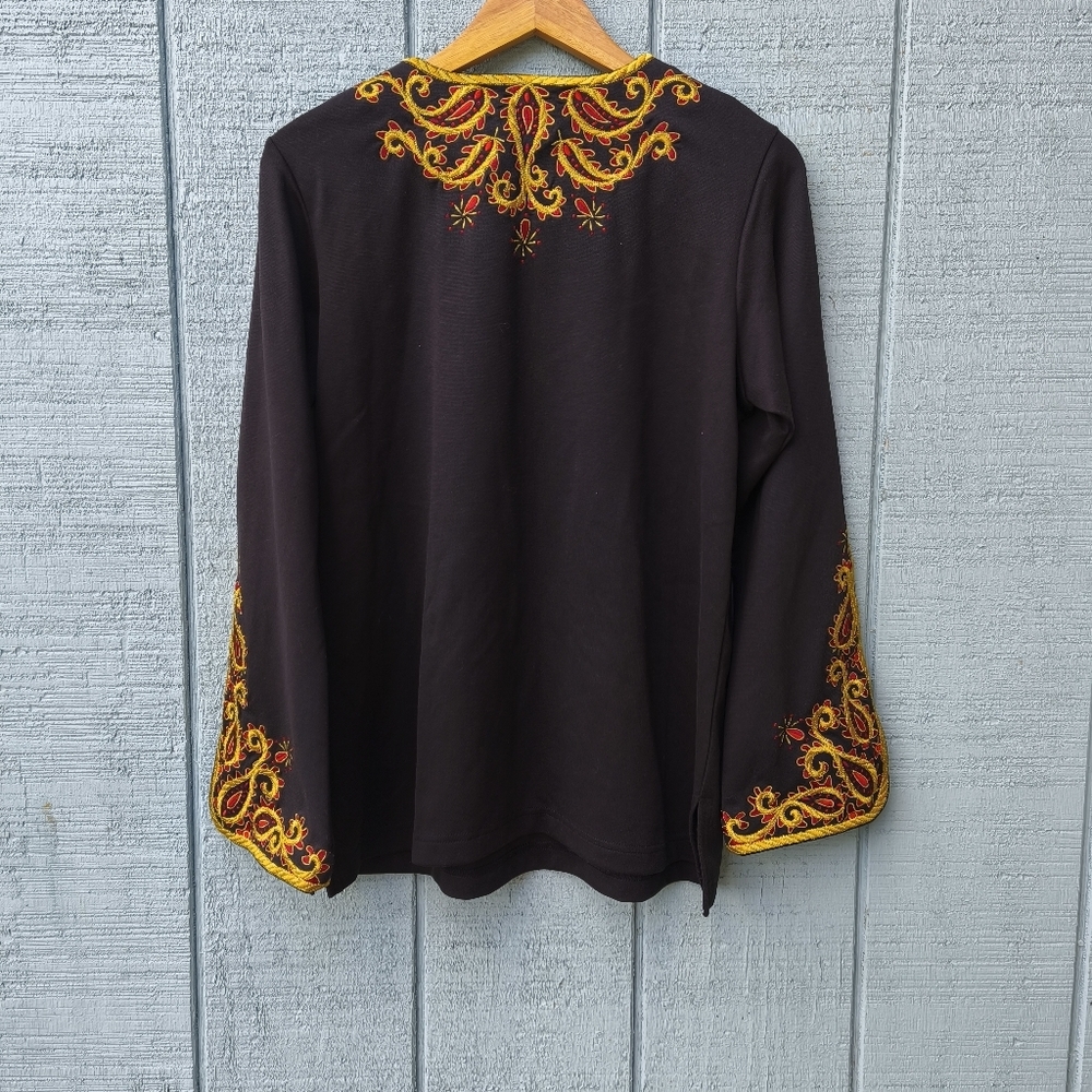 90s Bob Mackie Embroidered Ponte Knit Tunic Flare Sleeve sz M Black Gold Red - Picture 7 of 10